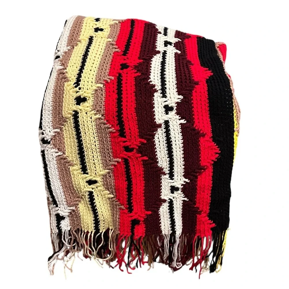 Vtg Crochet Afghan Red Black Brown White Blanket Throw Fringe Southwestern 60x44